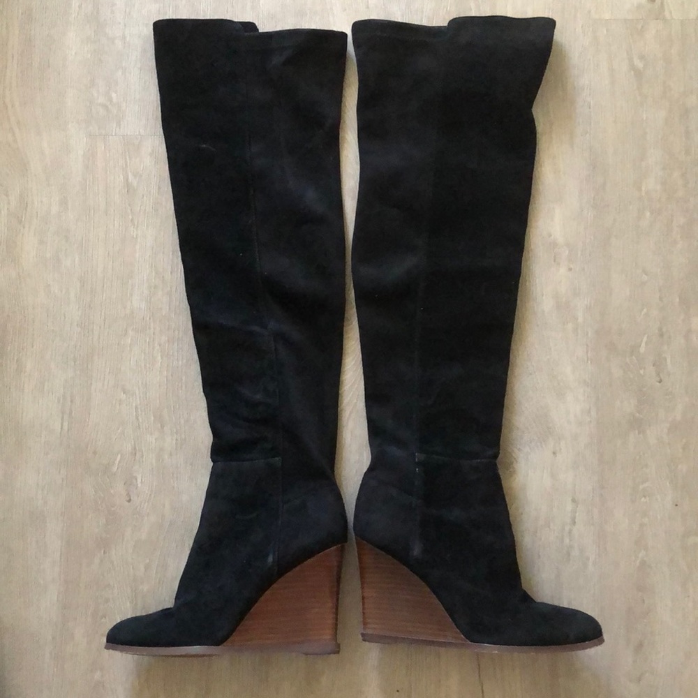 Vince Camuto Black Suede Knee-High Wedge Boots
